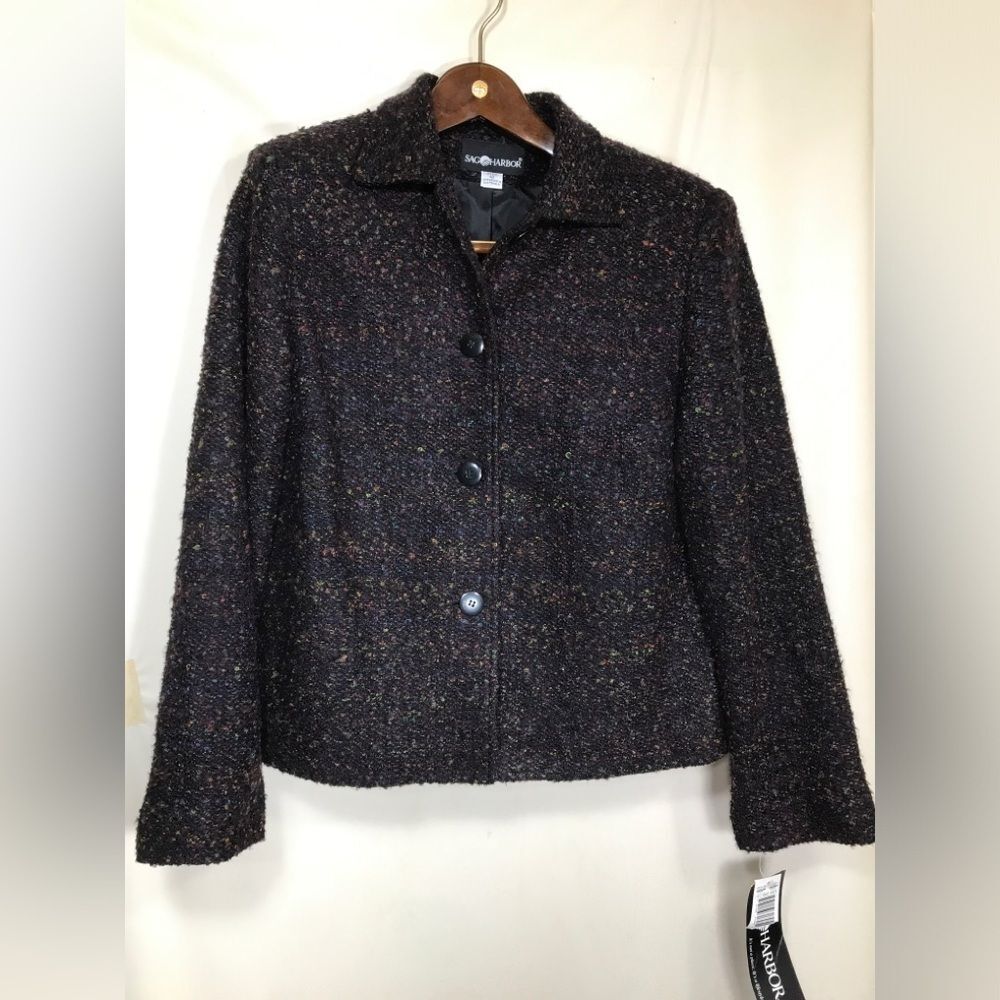 Sag Harbor Womens Blazer Jacket Size 12 Plaid Tweed Fringe Woven NWT